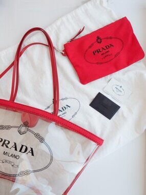 Authentic Preowned Prada Red Canvas/ Transparent Tote Bag